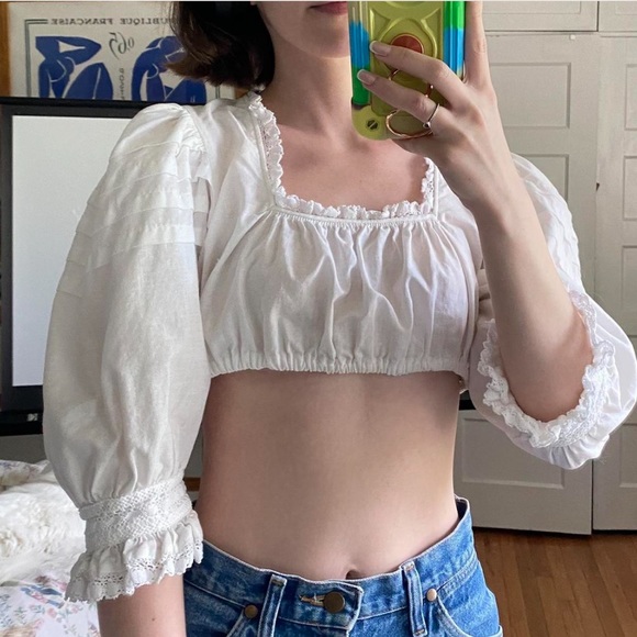 Vintage White Puff Sleeve Crop Top Ruched Tie Front Y2K Cotton Polyester (S)